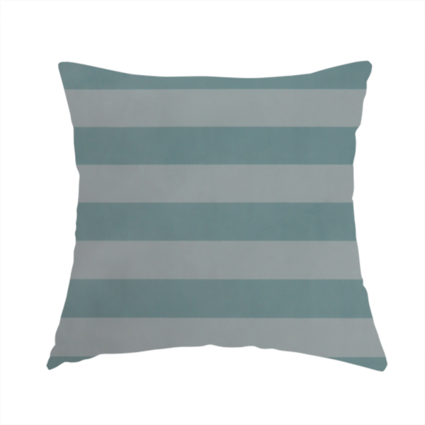 The fabric used to create this handmade cushion is a horizontally striped fabric pattern featuring alternating bands of soft duck egg blue and white.