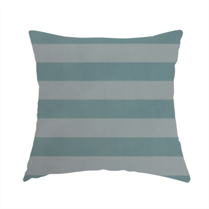 The fabric used to create this handmade cushion is a horizontally striped fabric pattern featuring alternating bands of soft duck egg blue and white.