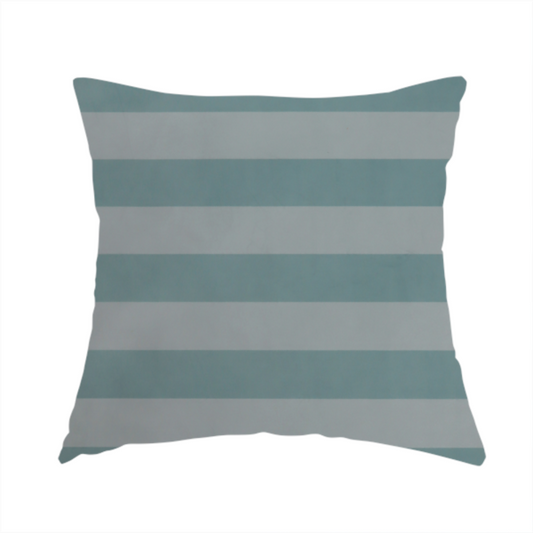 The fabric used to create this handmade cushion is a horizontally striped fabric pattern featuring alternating bands of soft duck egg blue and white.