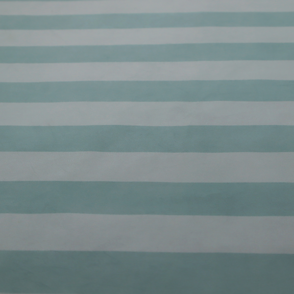 A horizontally striped fabric pattern featuring alternating bands of soft duck egg blue and white.