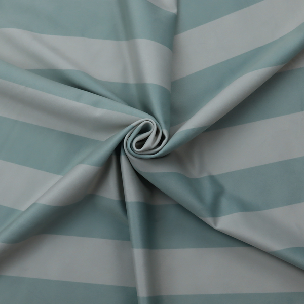 A horizontally striped fabric pattern featuring alternating bands of soft duck egg blue and white.