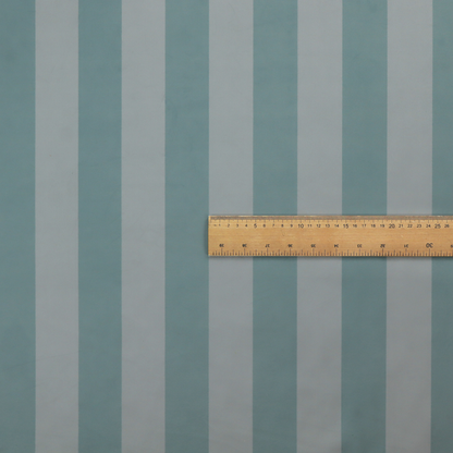 A horizontally striped fabric pattern featuring alternating bands of soft duck egg blue and white.