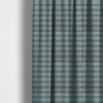 The fabric used to create these made-to-measure curtains is a horizontally striped fabric pattern featuring alternating bands of soft duck egg blue and white.