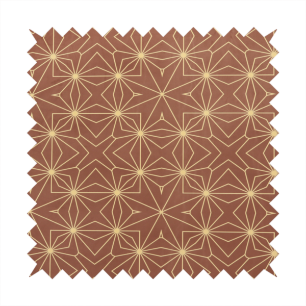 A geometric upholstery fabric featuring an intricate, repeating starburst and lattice pattern in cream lines on a warm terracotta brown background.   