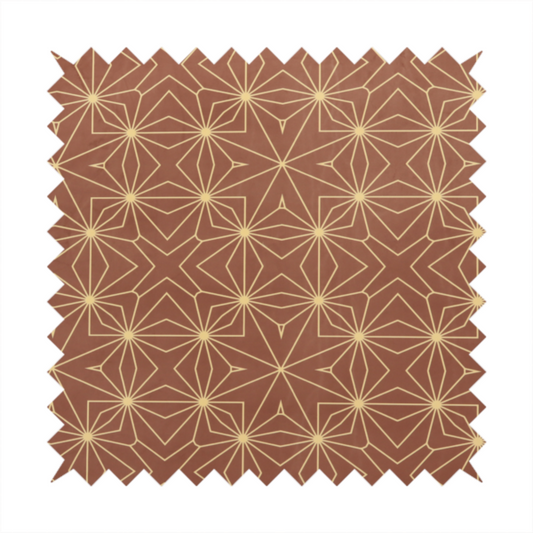 A geometric upholstery fabric featuring an intricate, repeating starburst and lattice pattern in cream lines on a warm terracotta brown background.   