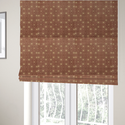 The fabric used to create these Roman blinds is a geometric upholstery fabric featuring an intricate, repeating starburst and lattice pattern in cream lines on a warm terracotta brown background.   