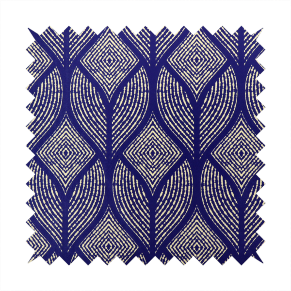 A geometric upholstery fabric featuring an elegant, symmetrical pattern of interlocking diamond shapes and stylized, dotted leaf arches in cream on a royal blue background.   
