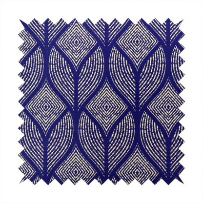 A geometric upholstery fabric featuring an elegant, symmetrical pattern of interlocking diamond shapes and stylized, dotted leaf arches in cream on a royal blue background.   

