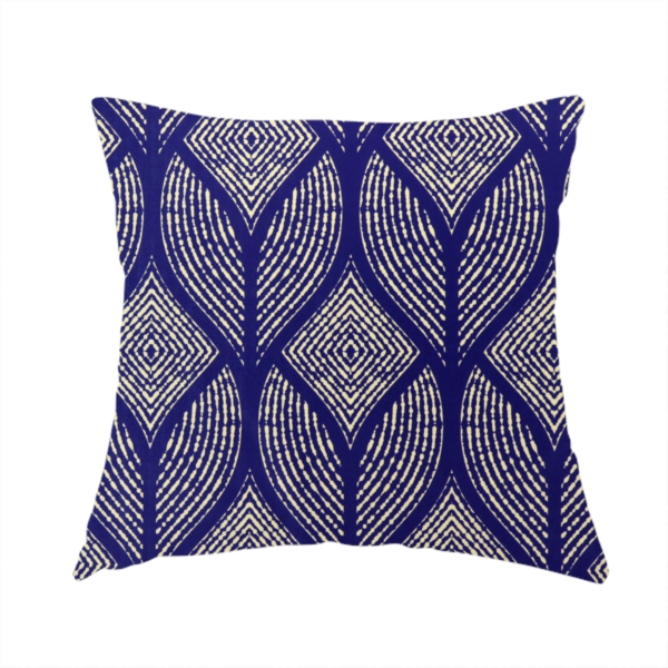 The fabric used to create this handmade cushion is a geometric upholstery fabric featuring an elegant, symmetrical pattern of interlocking diamond shapes and stylized, dotted leaf arches in cream on a royal blue background.   
