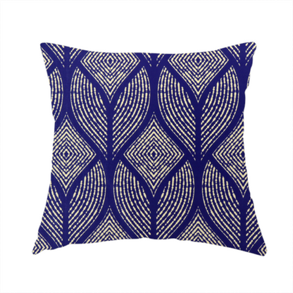 The fabric used to create this handmade cushion is a geometric upholstery fabric featuring an elegant, symmetrical pattern of interlocking diamond shapes and stylized, dotted leaf arches in cream on a royal blue background.   
