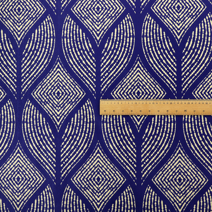 A geometric upholstery fabric featuring an elegant, symmetrical pattern of interlocking diamond shapes and stylized, dotted leaf arches in cream on a royal blue background.   
