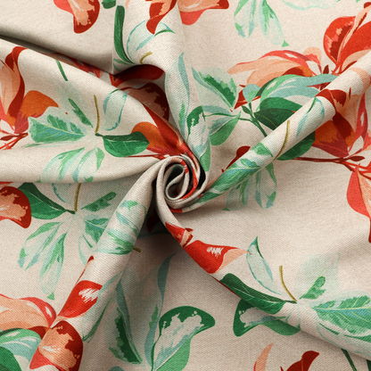 A botanical upholstery fabric on a neutral cream background featuring a repeating painterly pattern of leafy branches in shades of vibrant orange, coral, deep green, and pale mint-green.   