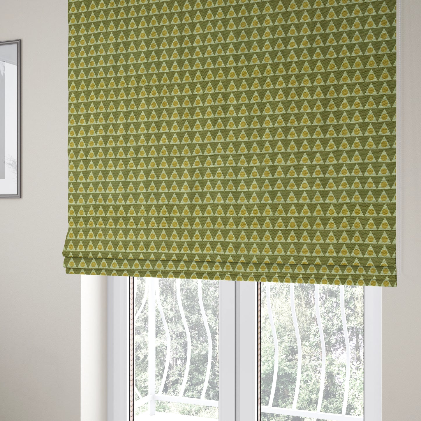 Dallas Geometric Pattern Printed Pattern On Linen Effect Chenille Material Green Coloured Upholstery Fabric - Roman Blinds