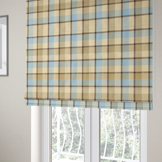 Falkirk Scottish Inspired Tartan Pattern In Chenille Material Upholstery Fabric Blue Brown Colour - Roman Blinds