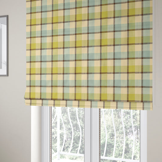 Falkirk Scottish Inspired Tartan Pattern In Chenille Material Upholstery Fabric Blue Green Colour - Roman Blinds