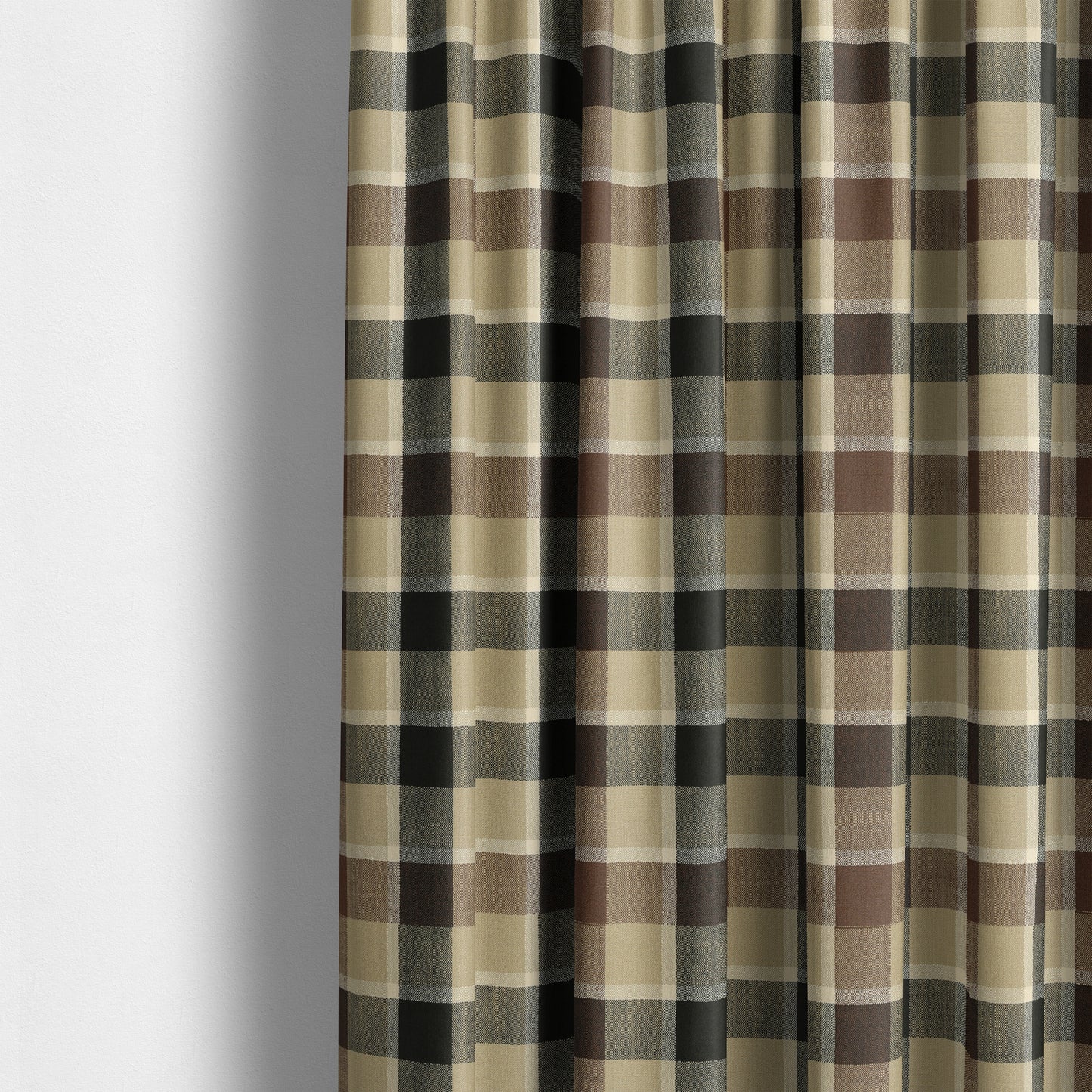 Falkirk Scottish Inspired Tartan Pattern In Chenille Material Upholstery Fabric Black Brown Colour - Made To Measure Curtains