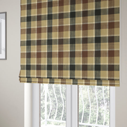 Falkirk Scottish Inspired Tartan Pattern In Chenille Material Upholstery Fabric Black Brown Colour - Roman Blinds