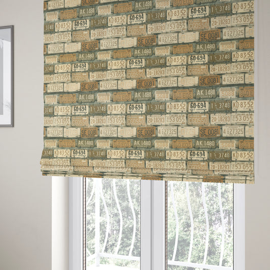 Freeway US Car License Number Plate Inspired Pattern Brown Colour Printed Chenille Upholstery Fabric - Roman Blinds