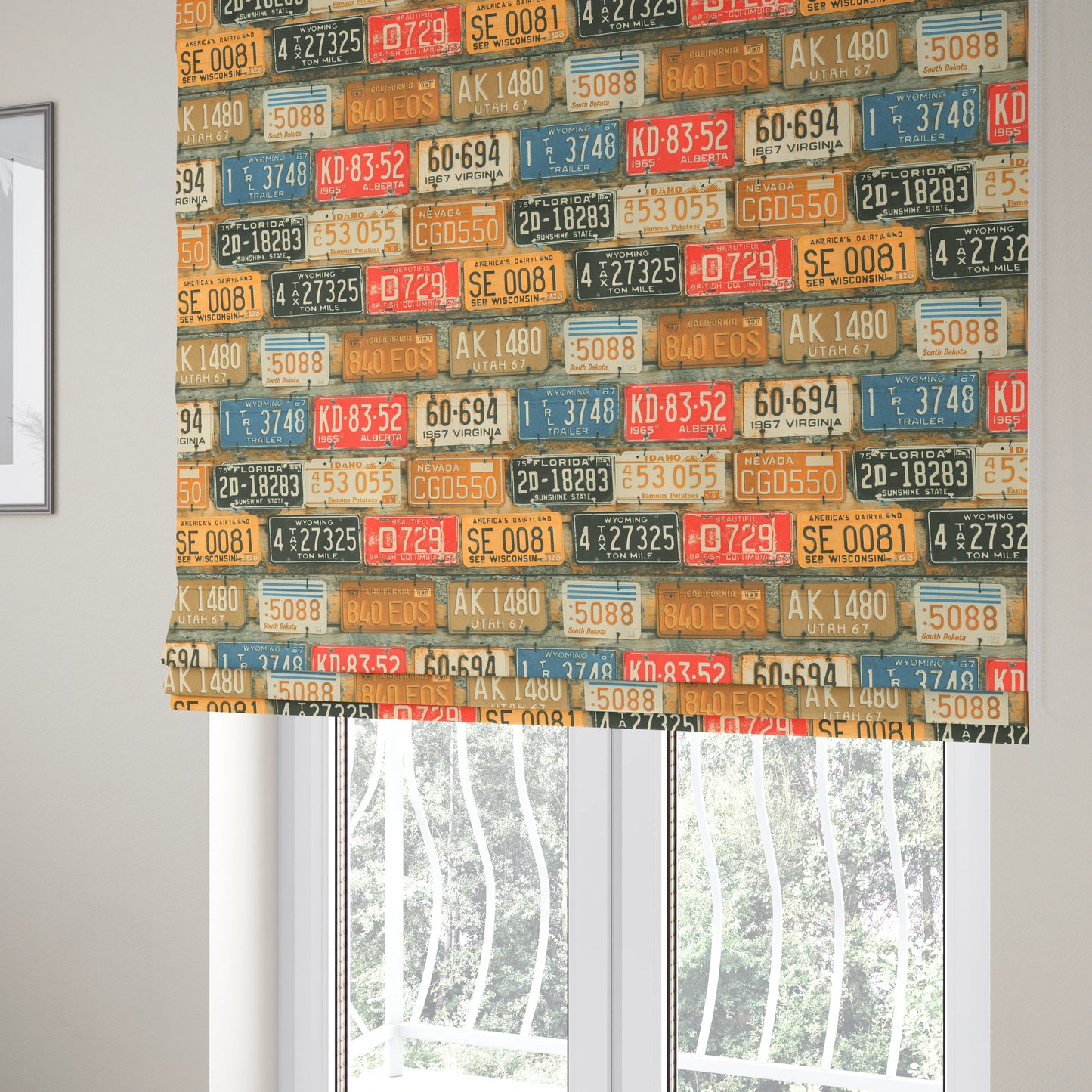 Freeway US Car License Number Plate Inspired Pattern Rust Colour Printed Chenille Upholstery Fabric - Roman Blinds