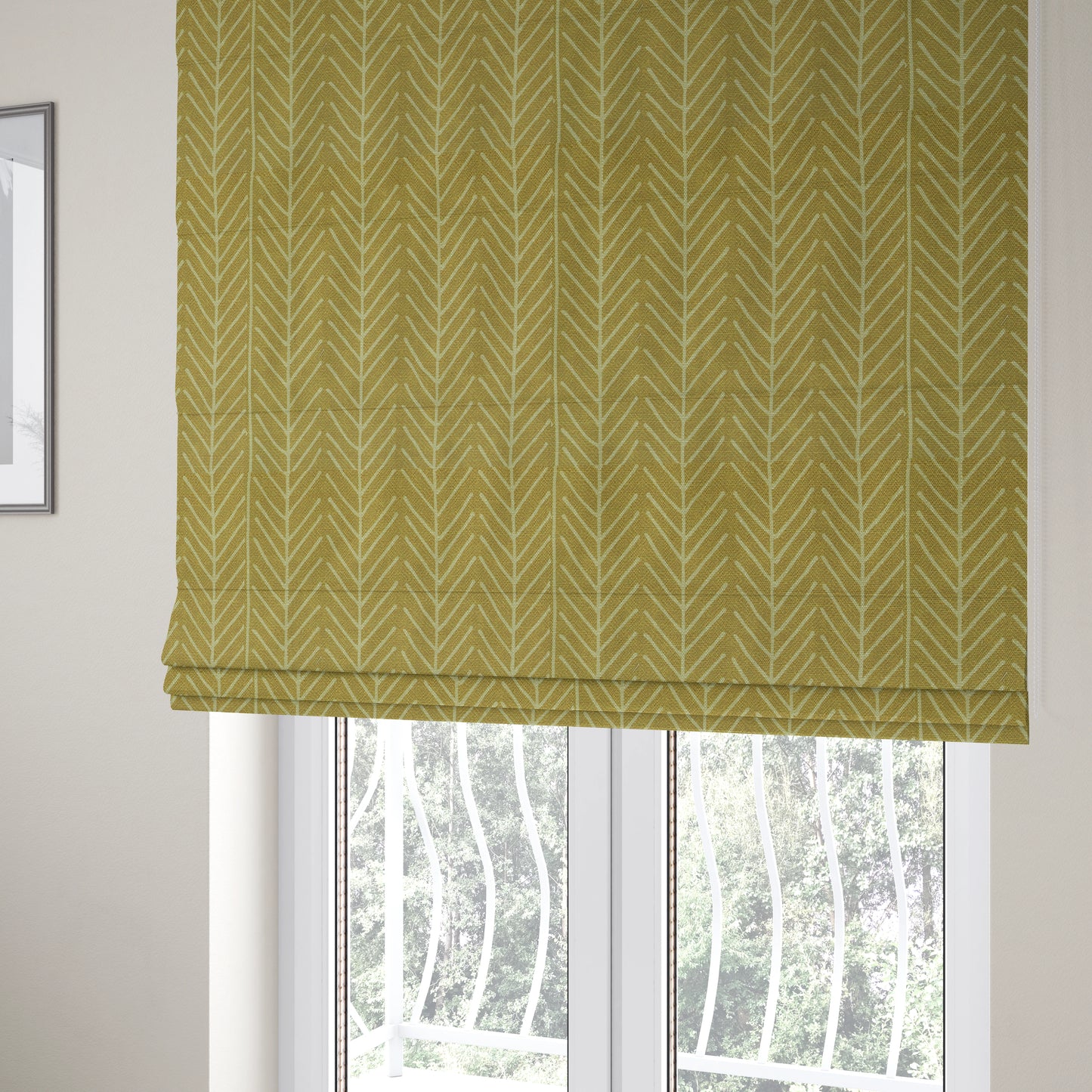 Frisco Stem Pattern Printed On Linen Effect Chenille Material Yellow Coloured Furnishing Fabrics - Roman Blinds