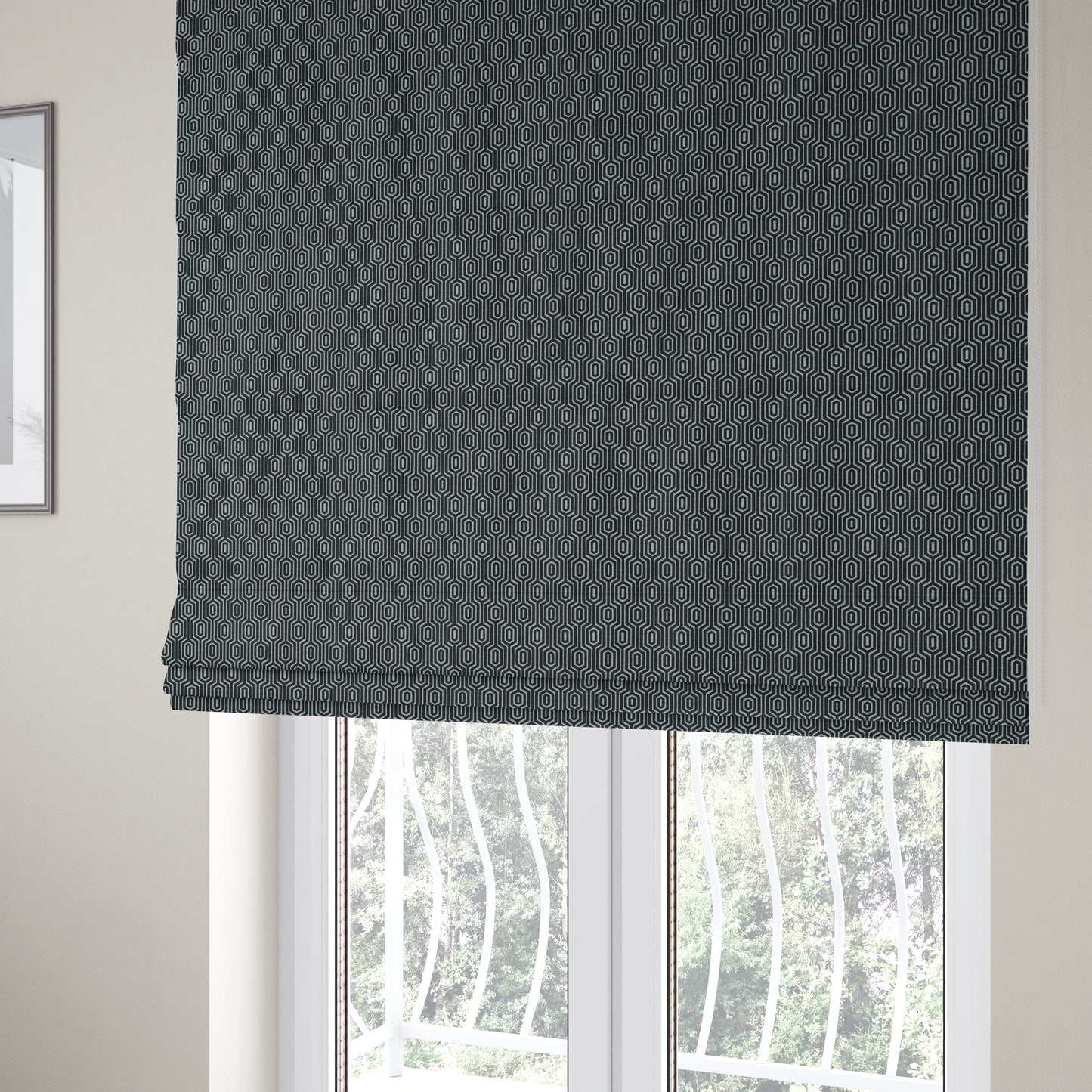 Hakkaido Geometric Pattern Velvet Fabric In Navy Blue Colour - Roman Blinds