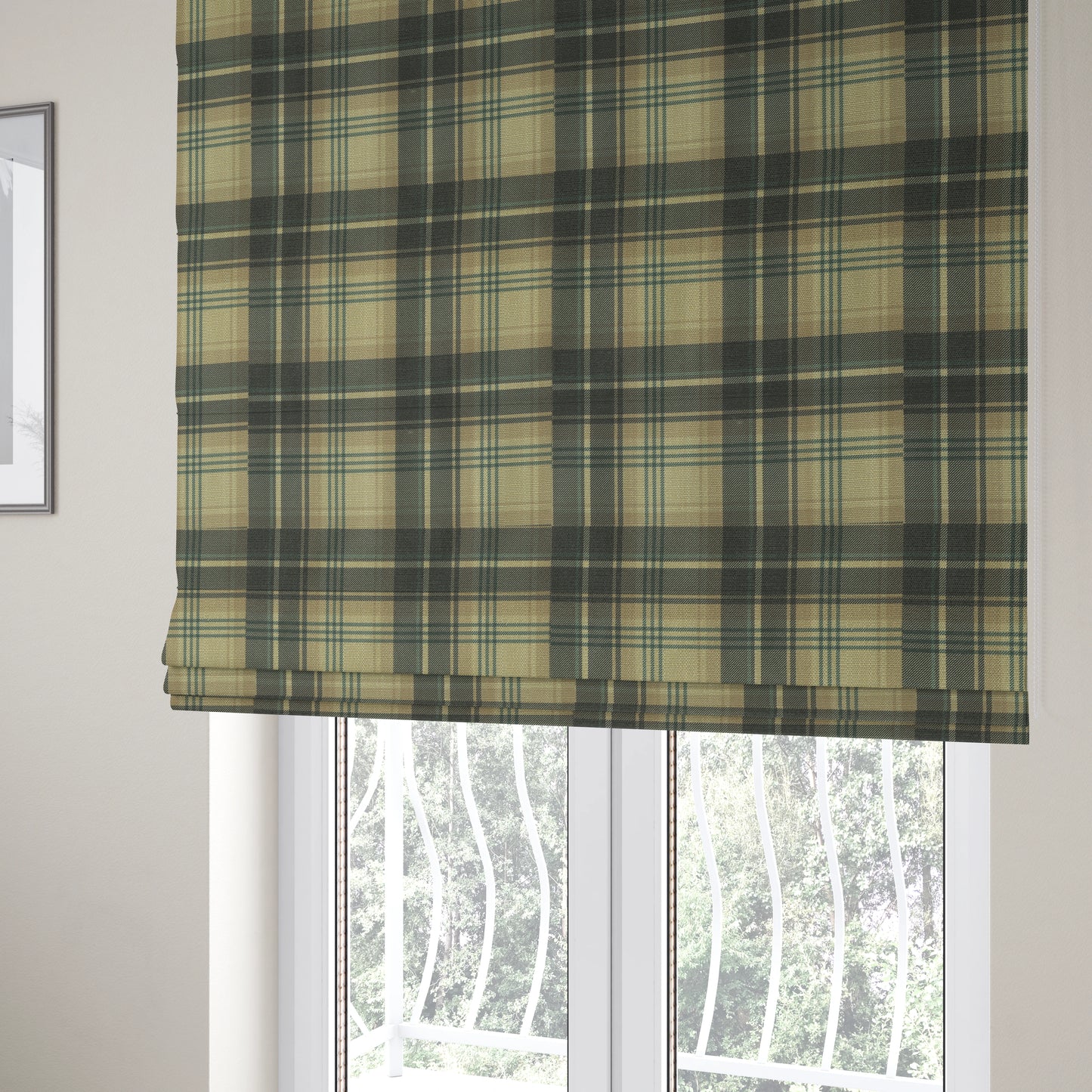 Houston Plaid Printed Pattern On Linen Effect Chenille Material Blue Coloured Upholstery Fabric - Roman Blinds