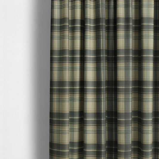 Houston Plaid Printed Pattern On Linen Effect Chenille Material Blue Coloured Upholstery Fabric - Made To Measure Curtains