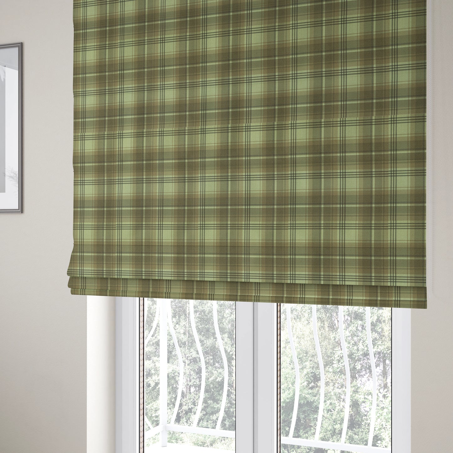 Houston Plaid Printed Pattern On Linen Effect Chenille Material Brown Coloured Upholstery Fabric - Roman Blinds