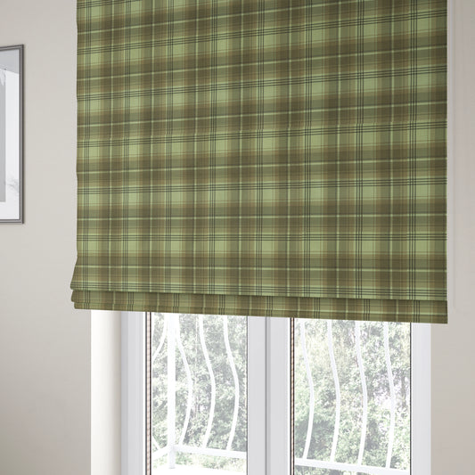 Houston Plaid Printed Pattern On Linen Effect Chenille Material Brown Coloured Upholstery Fabric - Roman Blinds