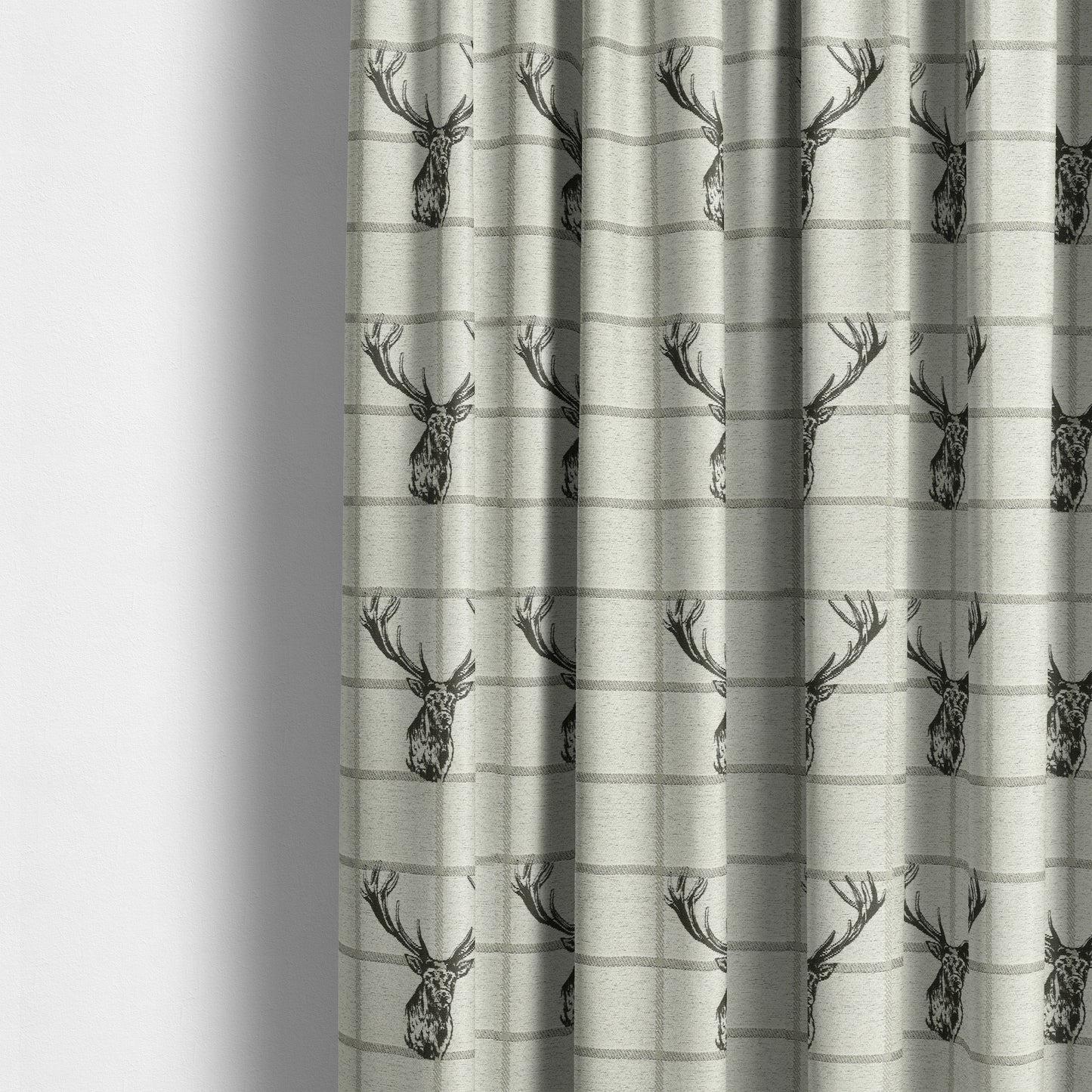 Stag Head On Checked Background Pattern Fabric Greyish Colour Chenille Upholstery Fabric JO-07 - Made To Measure Curtains