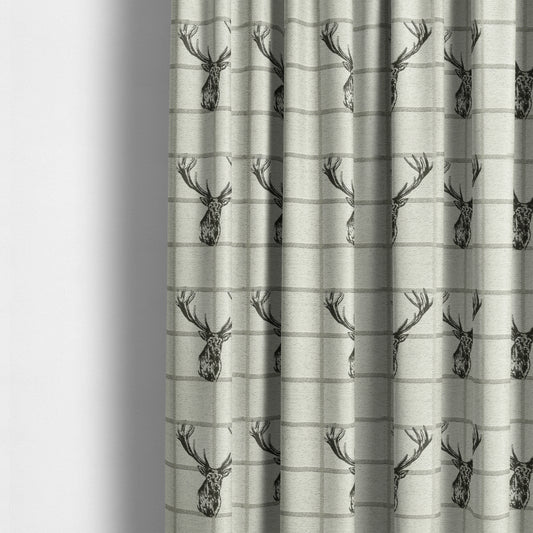 Stag Head On Checked Background Pattern Fabric Greyish Colour Chenille Upholstery Fabric JO-07 - Made To Measure Curtains