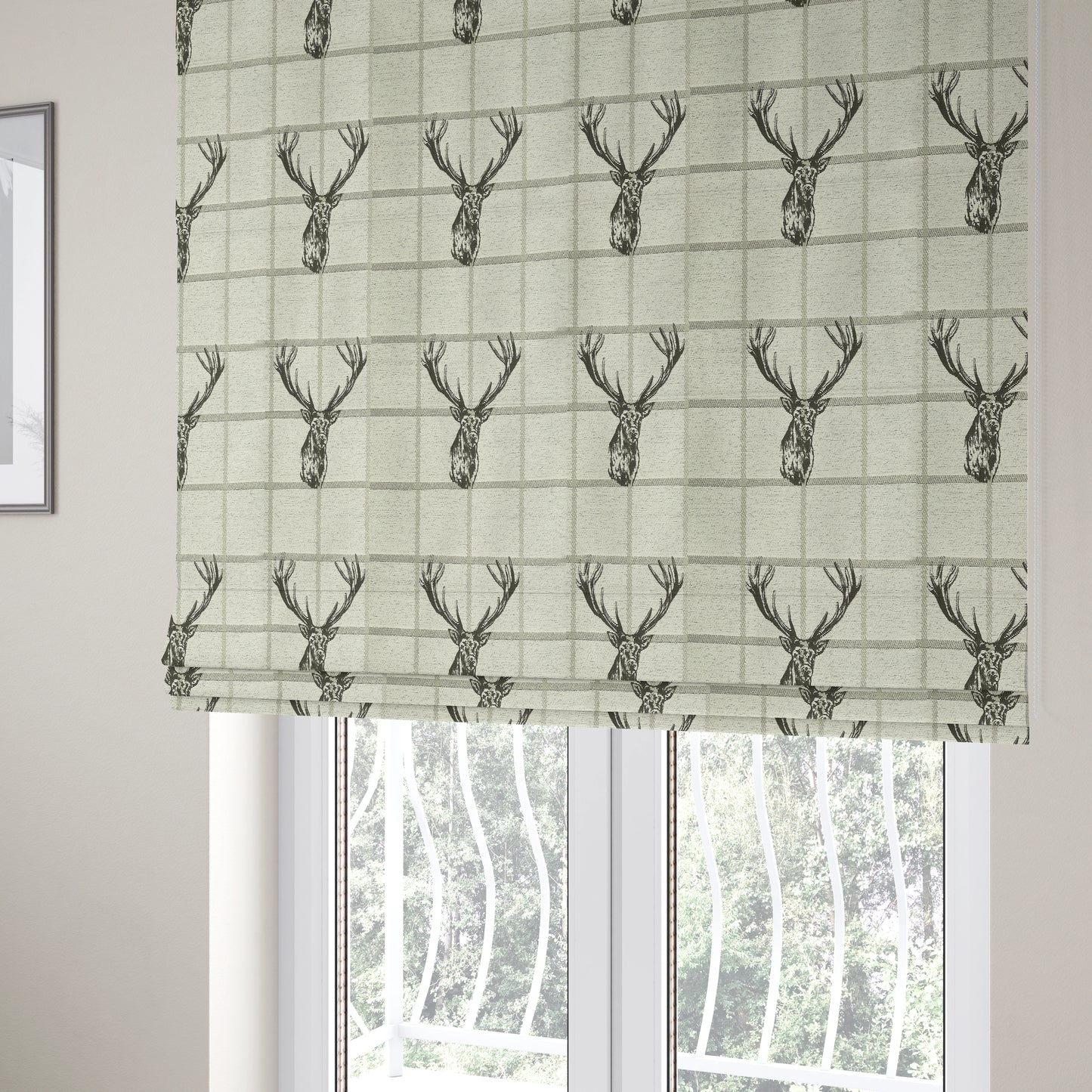 Stag Head On Checked Background Pattern Fabric Greyish Colour Chenille Upholstery Fabric JO-07 - Roman Blinds