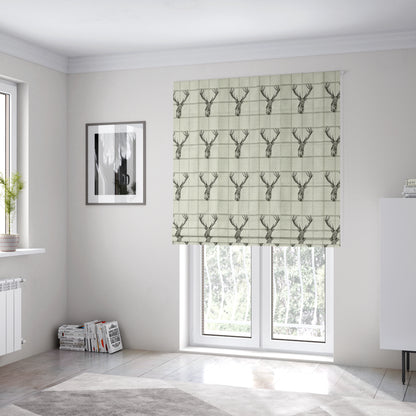 Stag Head On Checked Background Pattern Fabric Greyish Colour Chenille Upholstery Fabric JO-07 - Roman Blinds