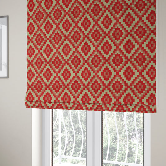 Red Cream Colour Cubed Tetris Pattern Furnishing Upholstery Fabric JO-1010 - Roman Blinds