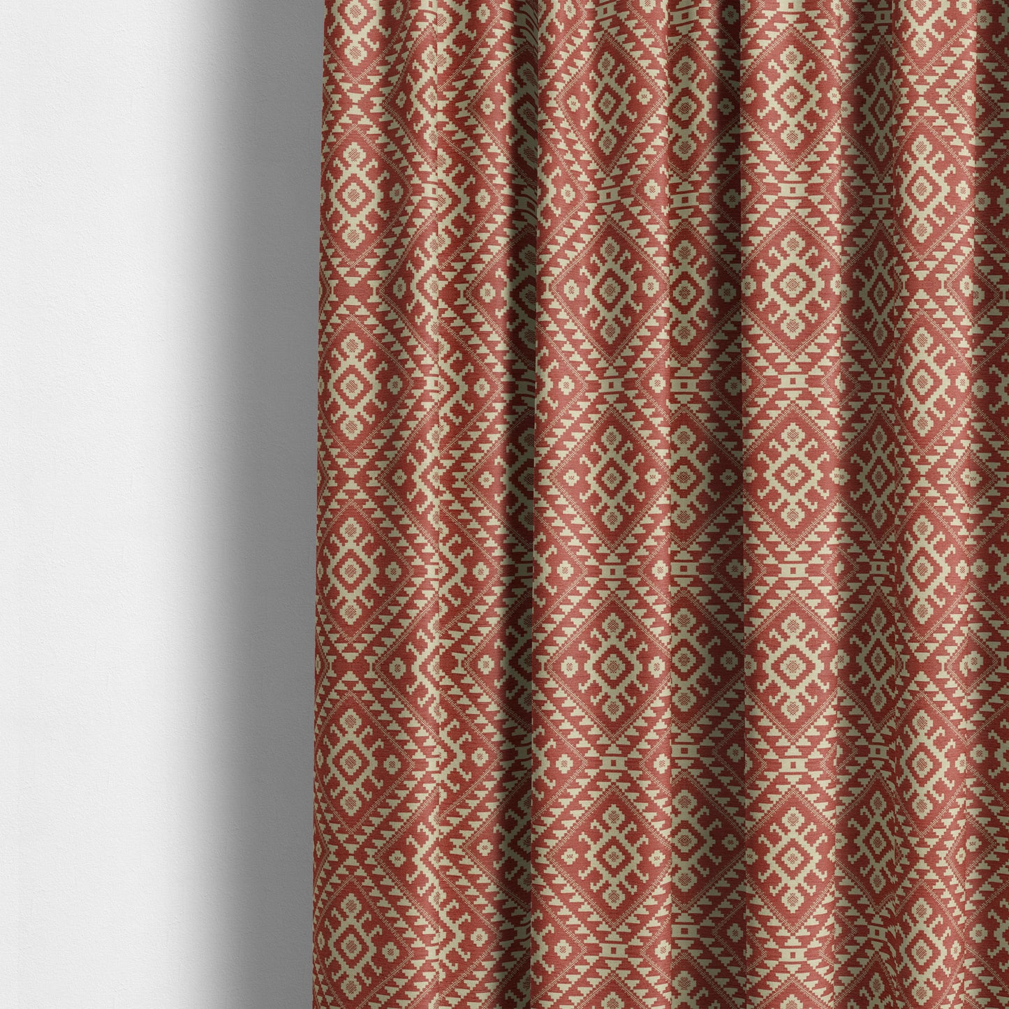 Red Cream Colour Kilim Tetris Pattern Furnishing Upholstery Fabric JO-1011 - Made To Measure Curtains