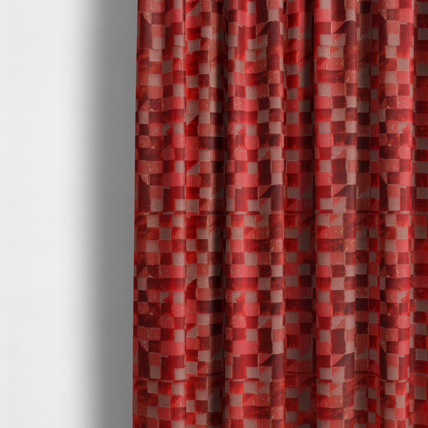 Red Colour Geometric Cubed Pattern Velvet Heavyweight Upholstery Fabric JO-1013 - Made To Measure Curtains