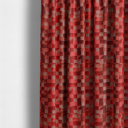 Red Colour Geometric Cubed Pattern Velvet Heavyweight Upholstery Fabric JO-1013 - Made To Measure Curtains