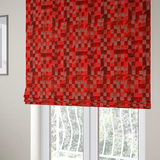 Red Colour Geometric Cubed Pattern Velvet Heavyweight Upholstery Fabric JO-1013 - Roman Blinds