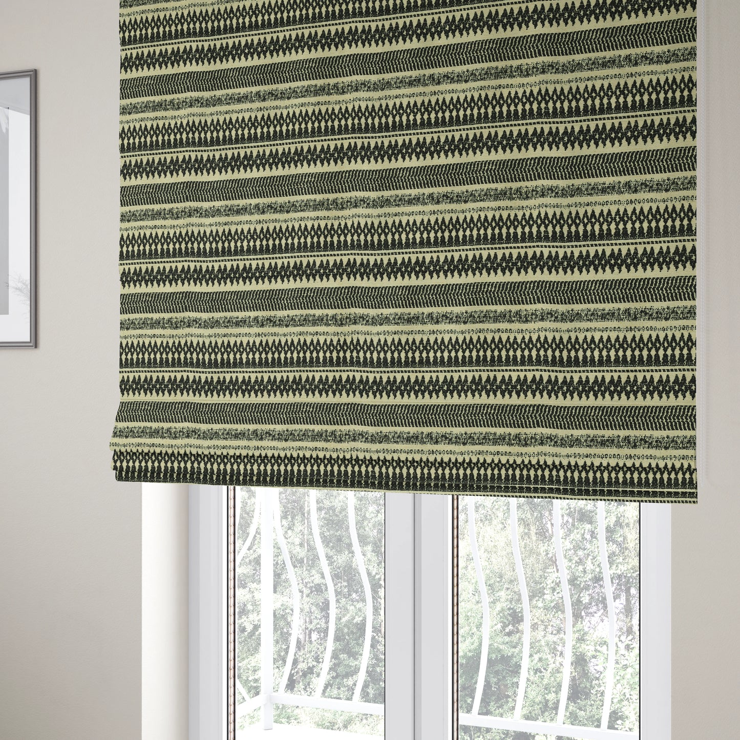 Black Beige Colour Tribal Striped Wave Pattern Chenille Upholstery Fabric JO-1015 - Roman Blinds