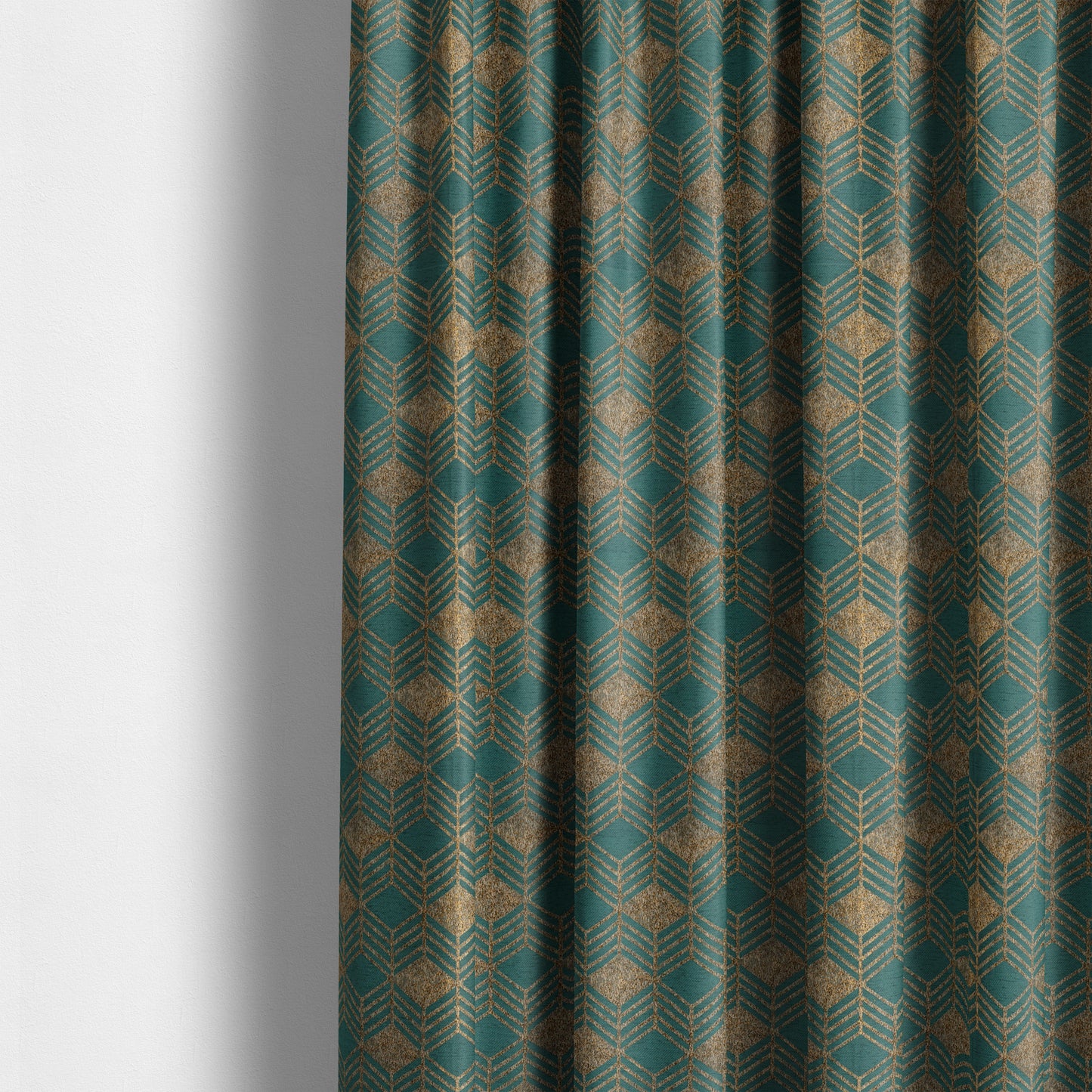 Teal Shiny Gold Colour Geometric Chevron Pattern Chenille Upholstery Fabric JO-1016 - Made To Measure Curtains