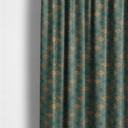 Teal Shiny Gold Colour Geometric Chevron Pattern Chenille Upholstery Fabric JO-1016 - Made To Measure Curtains