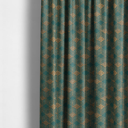 Teal Shiny Gold Colour Geometric Chevron Pattern Chenille Upholstery Fabric JO-1016 - Made To Measure Curtains