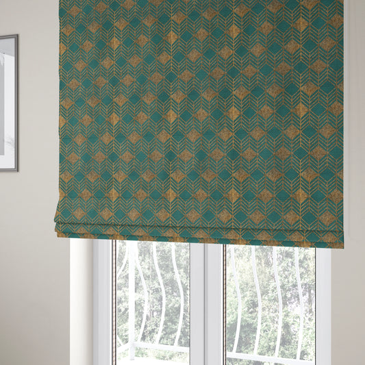 Teal Shiny Gold Colour Geometric Chevron Pattern Chenille Upholstery Fabric JO-1016 - Roman Blinds