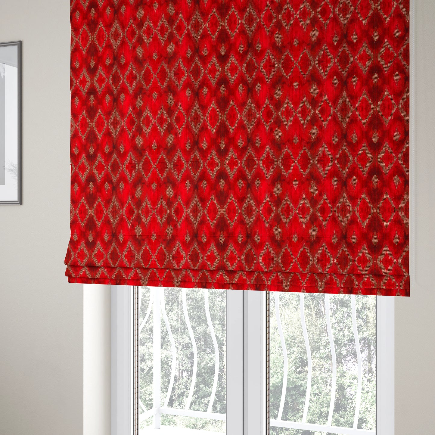 Red Cut Velvet Colour Diamond Geometric Pattern Upholstery Fabric JO-1018 - Roman Blinds