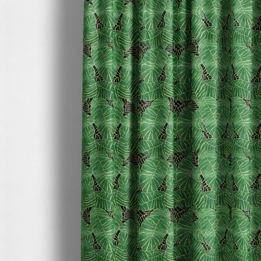 Green Black Colour Jungle Leafs Pattern Soft Velvet Upholstery Fabric JO-1020 - Made To Measure Curtains