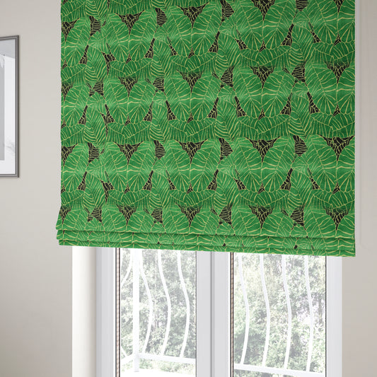 Green Black Colour Jungle Leafs Pattern Soft Velvet Upholstery Fabric JO-1020 - Roman Blinds