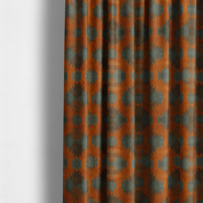 Grey Orange Colour Kilim Aztec Pattern Velvet Woven Upholstery Fabric JO-1024 - Made To Measure Curtains