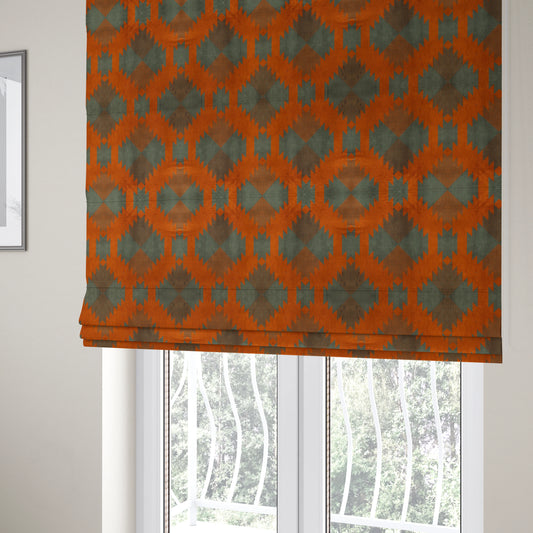 Grey Orange Colour Kilim Aztec Pattern Velvet Woven Upholstery Fabric JO-1024 - Roman Blinds