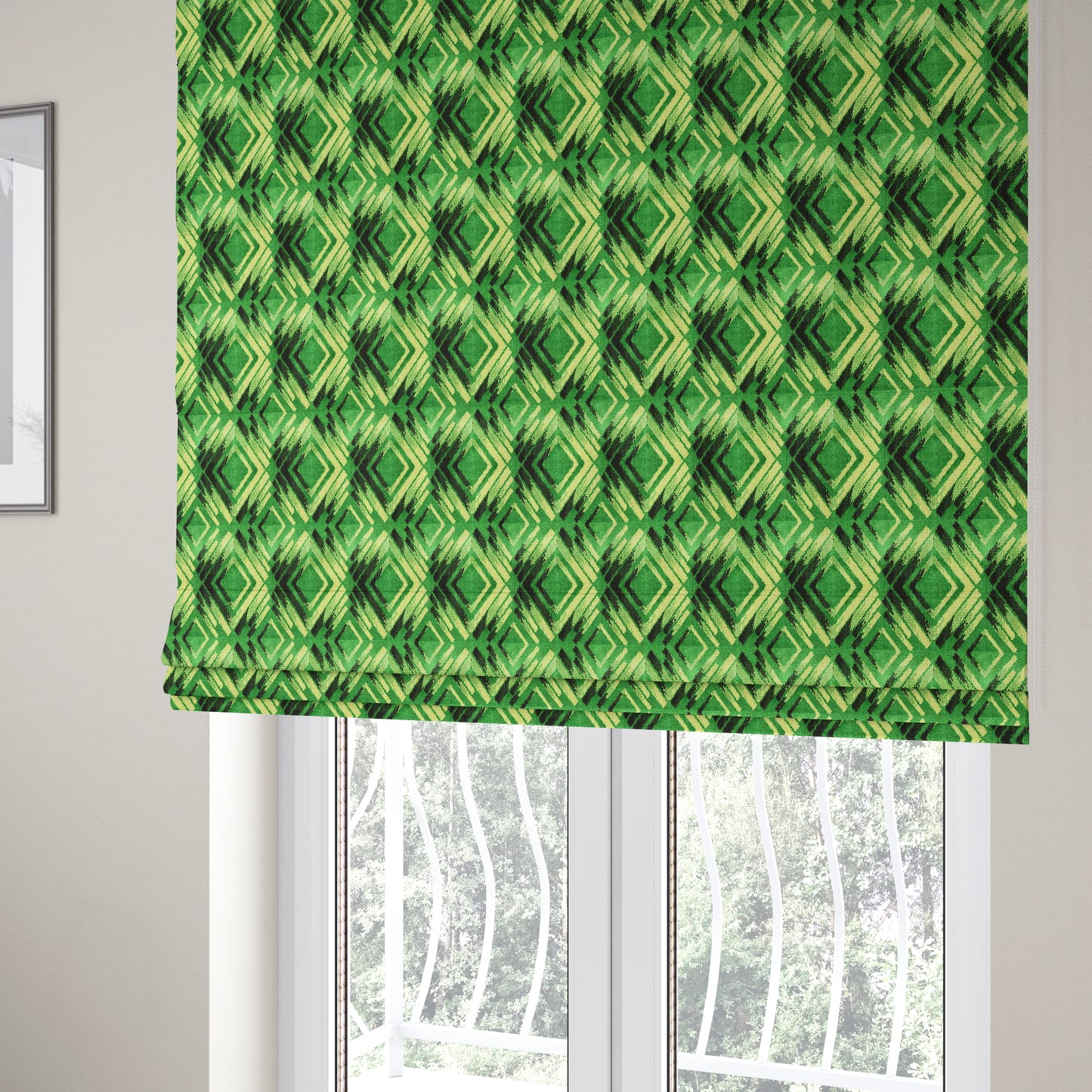 Green Black Cream Colour Faded Geometric Pattern Soft Velvet Upholstery Fabric JO-1039 - Roman Blinds