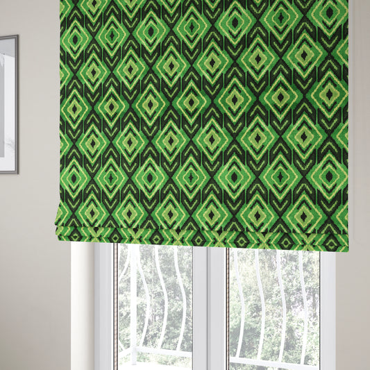 Green Black Cream Colour Squared Geometric Pattern Soft Velvet Upholstery Fabric JO-1040 - Roman Blinds